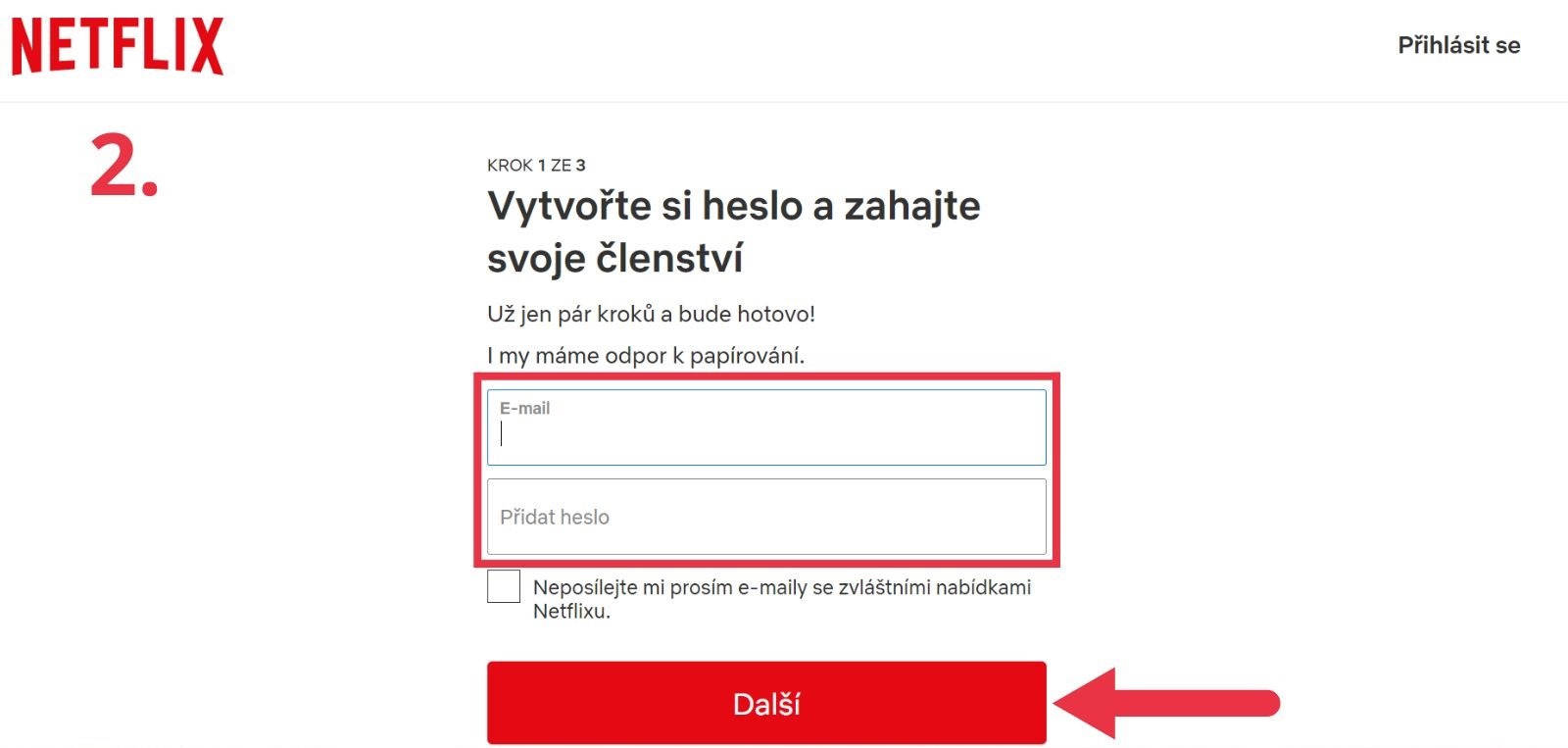 Registrace na Netflix - krok druhý