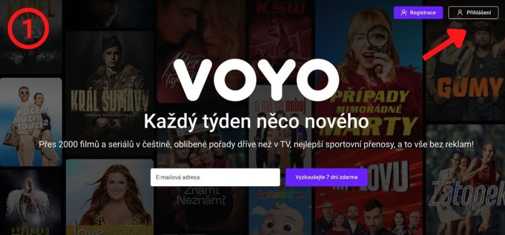 První krok přihlášení u streamovací služby Voyo